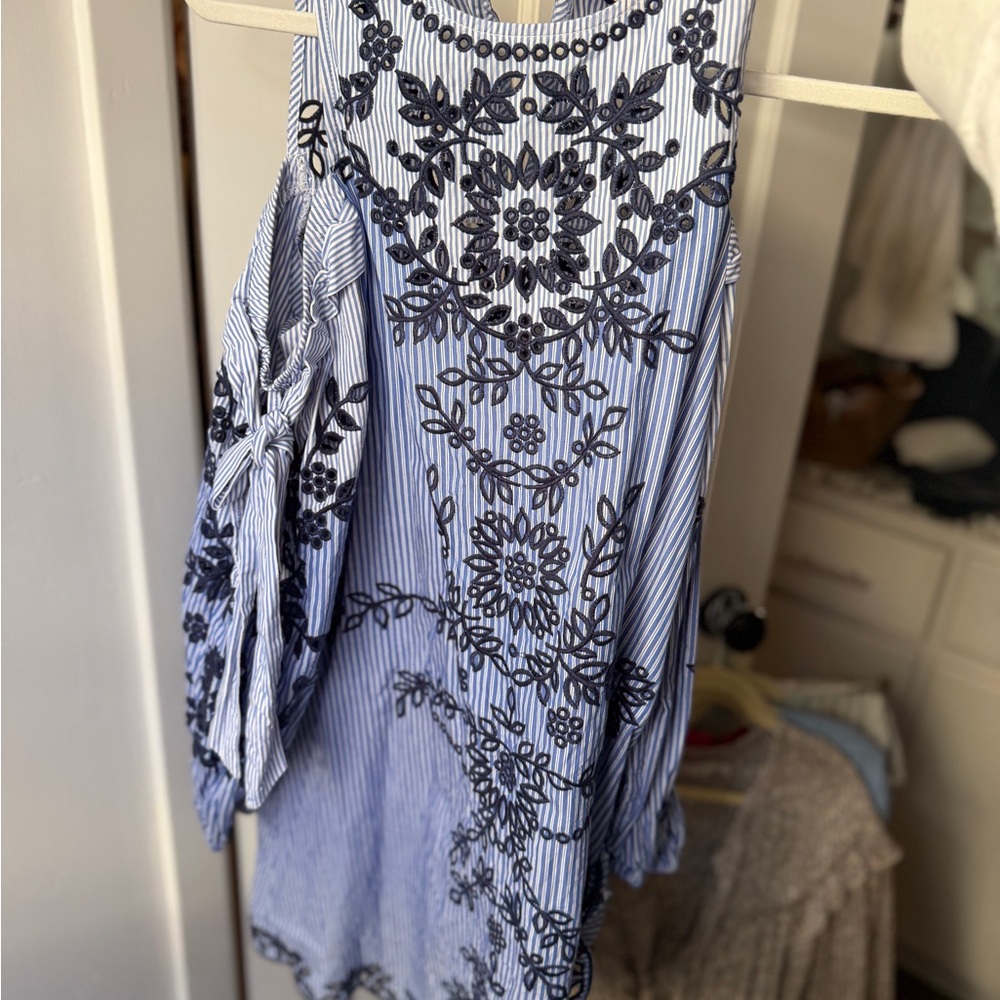 Parker Blue and White Striped Mini Dress with Embroidery